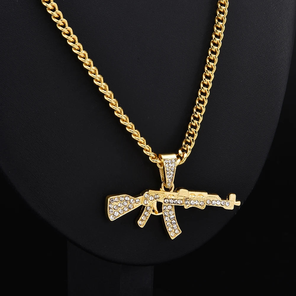 Gun Pendant Crystal Choker Rhinestone Chain Necklace — Two-Tone