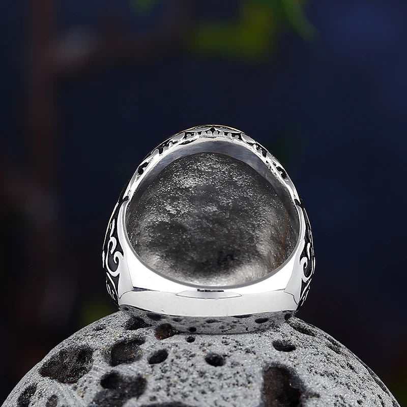 Vintage Gothic Style Black Stone Ring 316L Stainless Steel Craved Ring Men and Women Fashion Biker Jewelry Gift