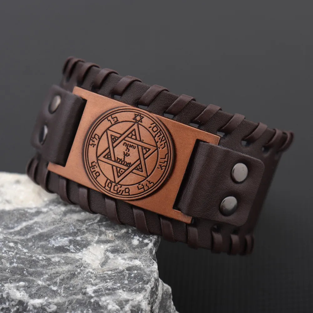 Trendy Totem Design Six-pointed Star Bracelet Men's Bracelet New Fashion Leather Woven Viking Accessorie Party Jewelry Wholesale