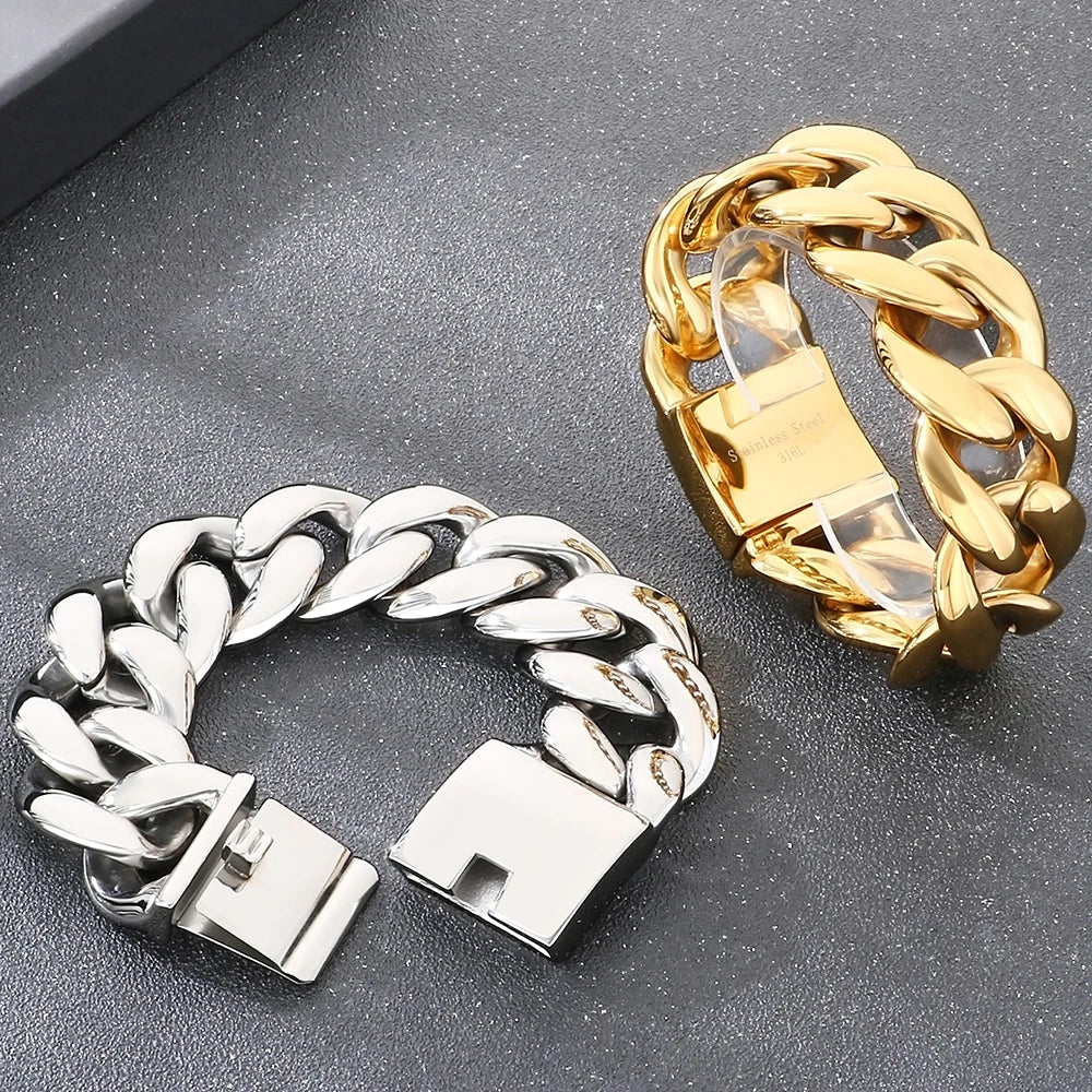 Cool 25/30mm Hip Hop Cuban Link Chain Bracelet Man Vacuum Plated 316l Stainless Steel Men's Bracelets Heavy Duty Street