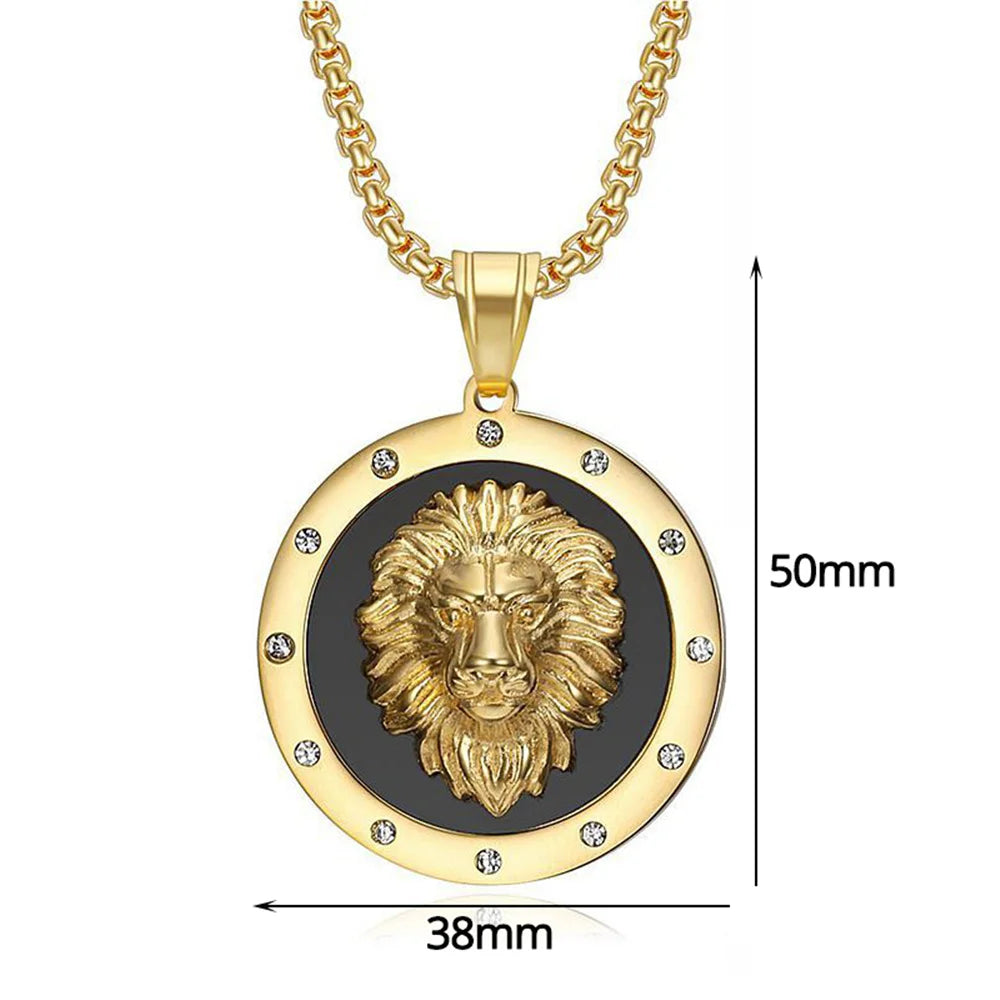 Punk Big Round Lion Head Pendant Male Gold Color Stainless Steel CZ Animal Necklaces For Men Fashion Party Jewelry Gift 2025