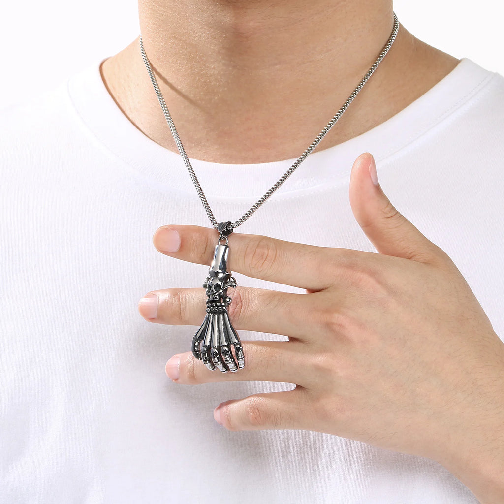 Gothic Skull Palm Pendant Necklace — Stainless Steel
