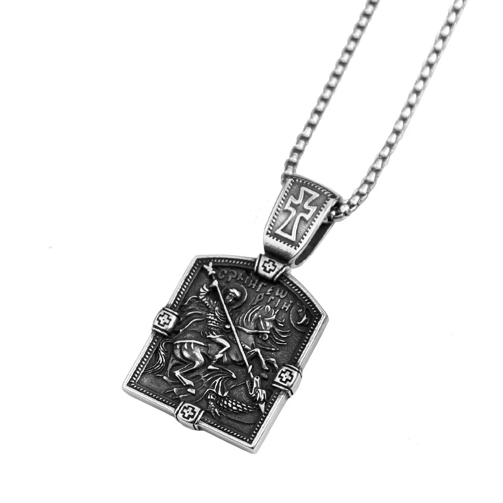 Retro Small Size Dragon Slayer St George Pendant For Men Stainless Steel Cross Biker Necklace Amulet Jewelry Gift