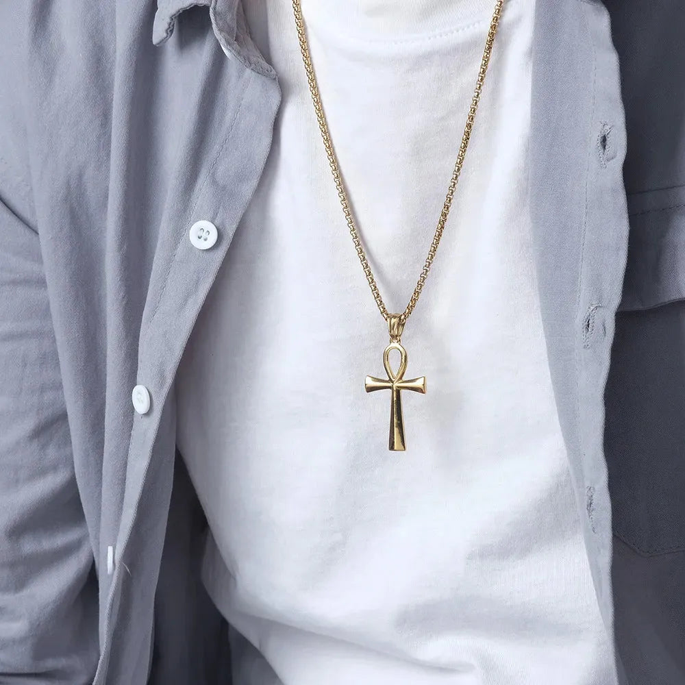 Retro Simple Egyptian Anka Cross Stainless Steel Pendant Necklace Popular Fashion Men and Women Outdoor Party Myth Jewelry Gifts