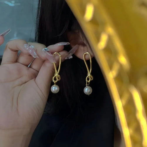 18K Gold Knot Pearl Stud Earrings — Gold