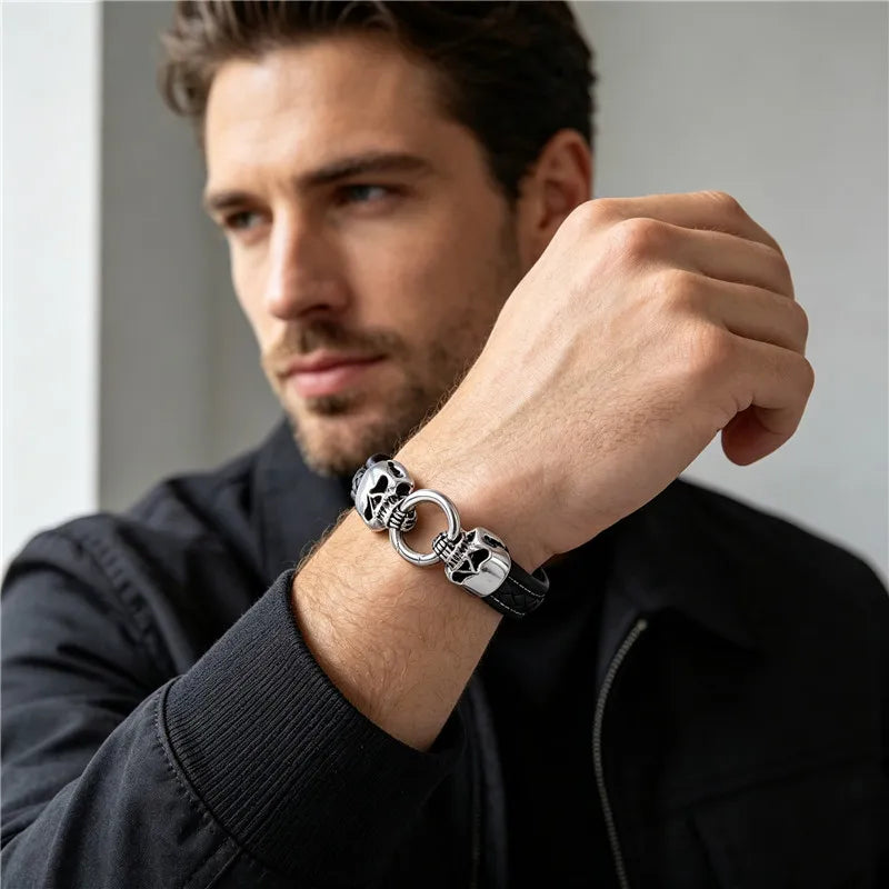 Gothic Double Skull Black Band Bracelet — Stainless Steel
