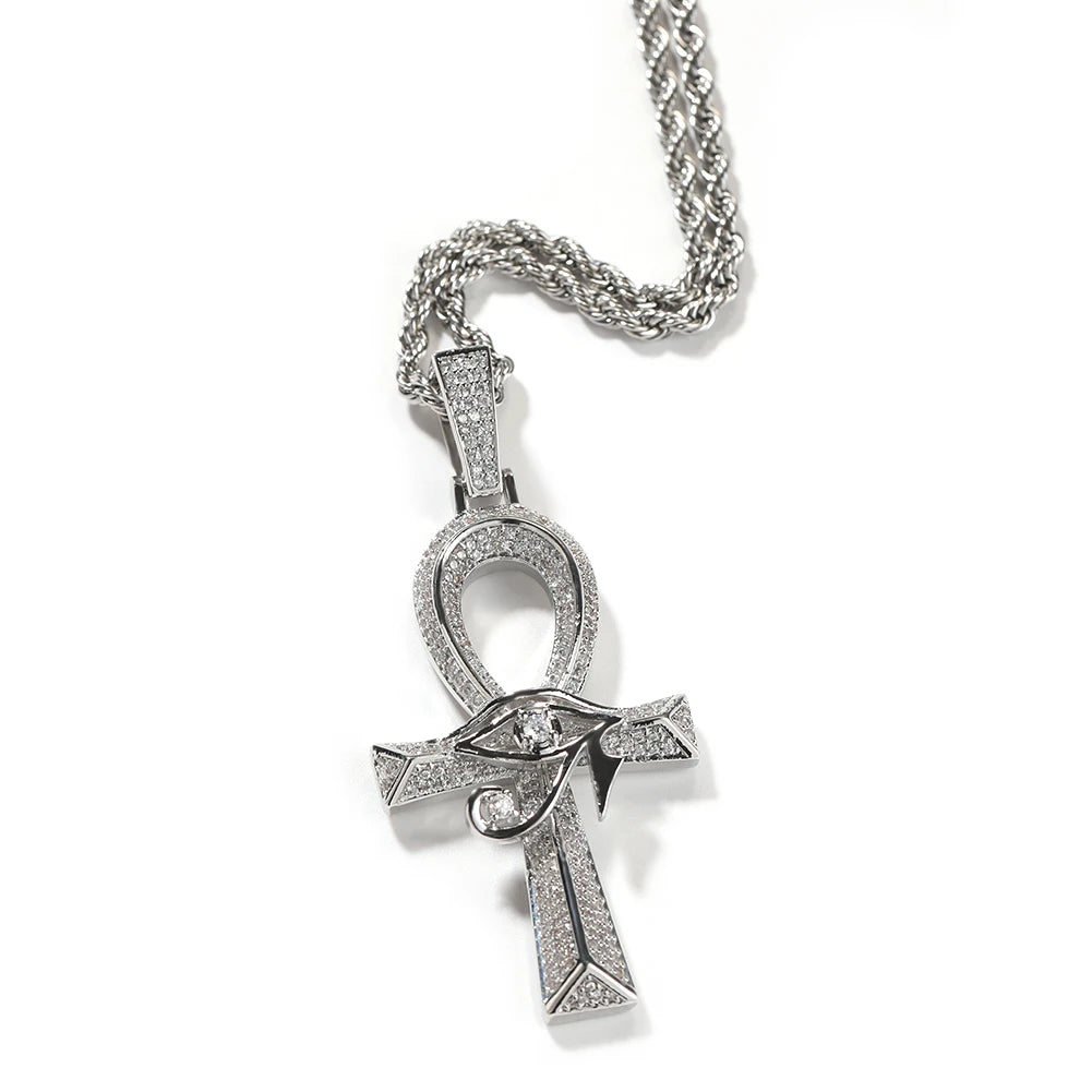 THE BLING KING Iced Eye of Horus Ancien Egypt Ankh Pendant Necklace Big Vintage Zirconia Cross Key Of Life Guardian Jewelry Gift
