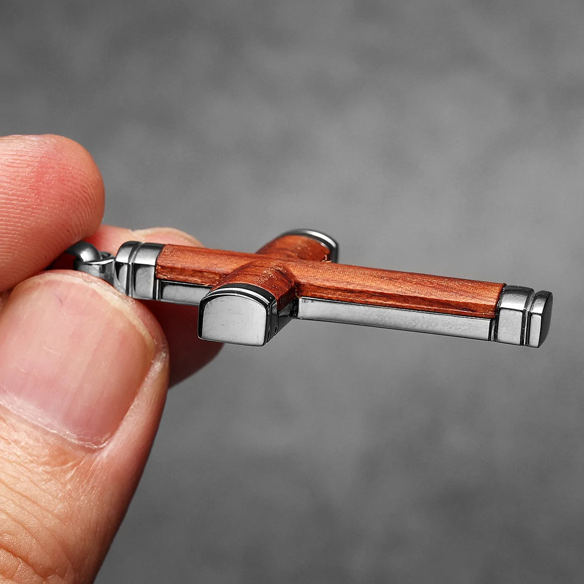Wood Cross Pendant Necklace — Stainless Steel