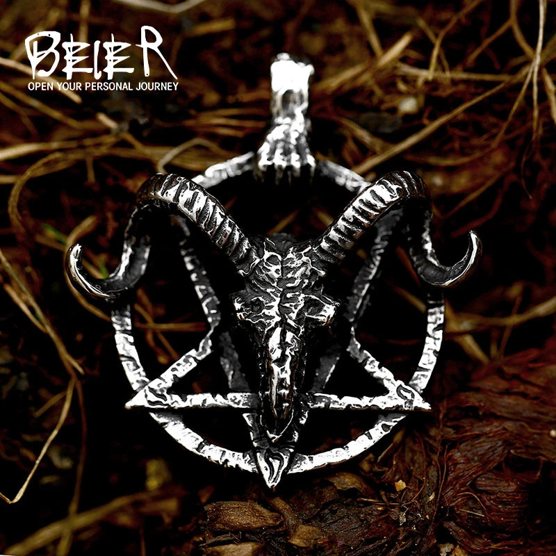 BEIER New Stainless steel Pentagram Pan God Skull Goat Head Pendant Necklace Occult Metal Vintage for Man BP8-342