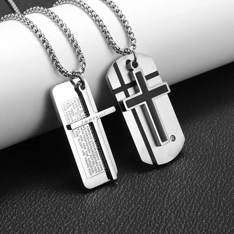 Men\'s Cross Necklace Stainless Steel Silver Color Faith Cross Bible Verse Dog Tag Pendant Necklace Birthday Gifts for