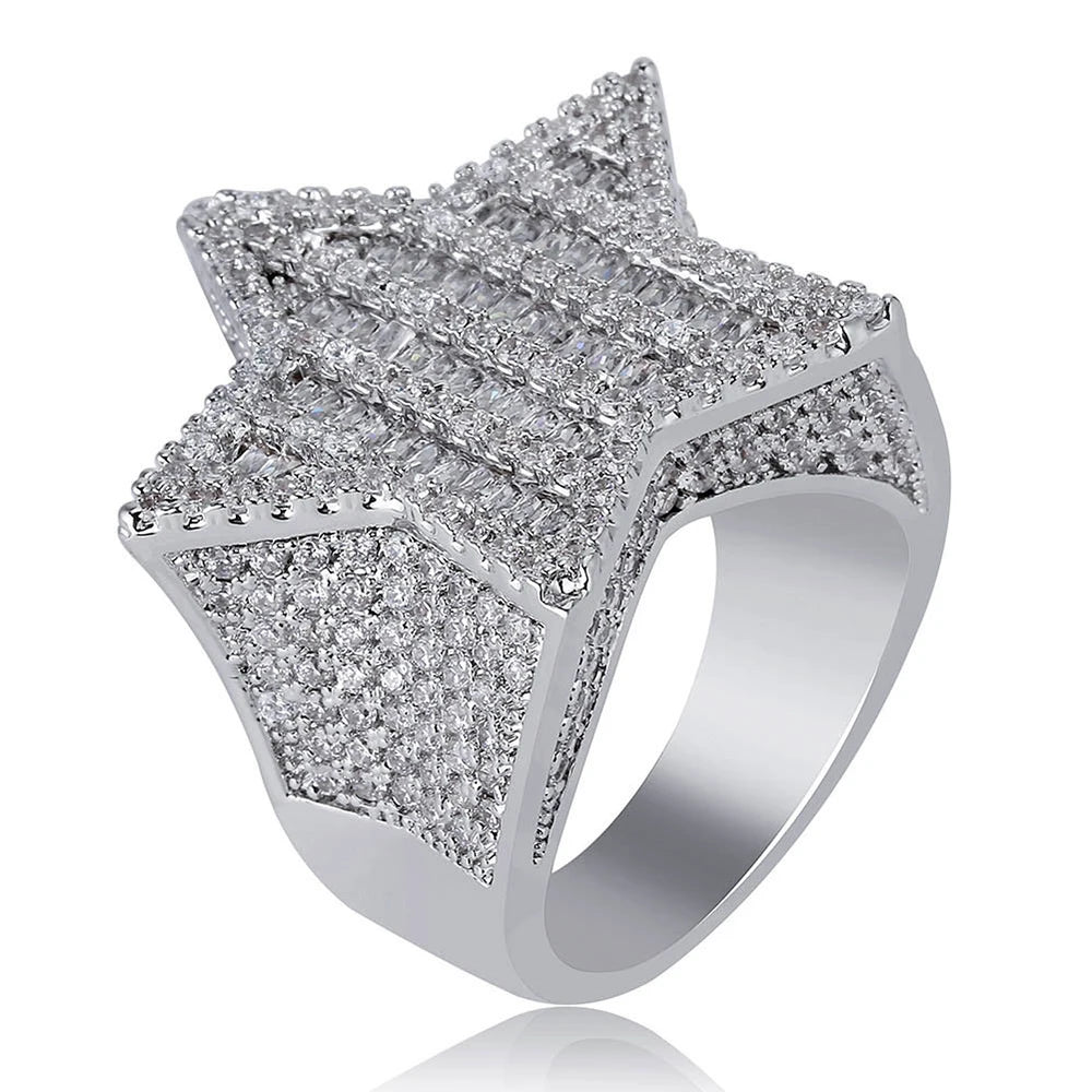 Gold Iced Out Pentagram Ring Statement