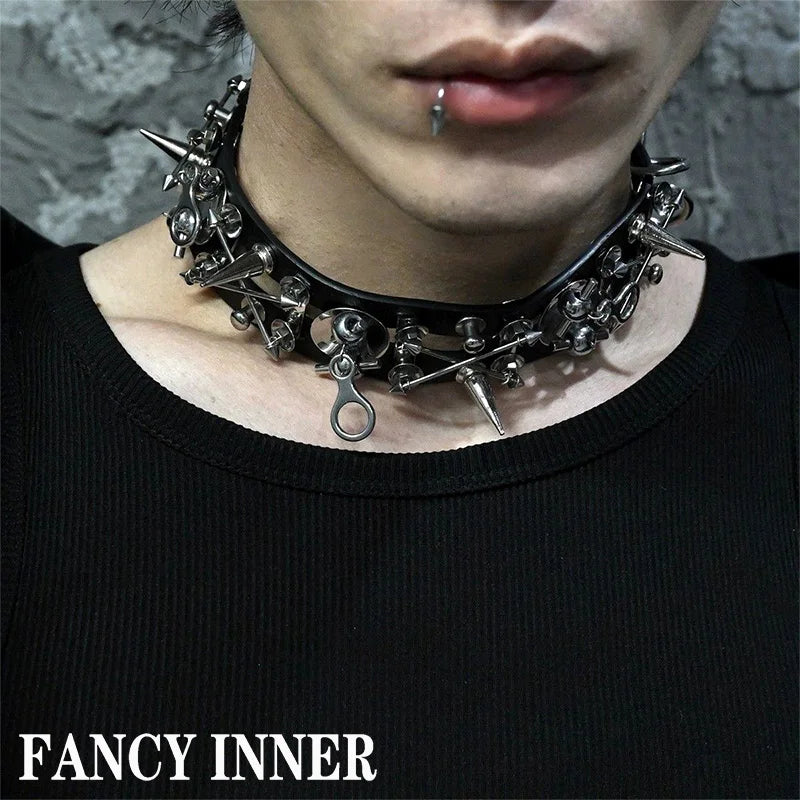 2025 New Punk Necklace Rivets Leather Metal Hip Hop Rock Cool Unisex Choker Neck Accessories for Women Men Jewelry