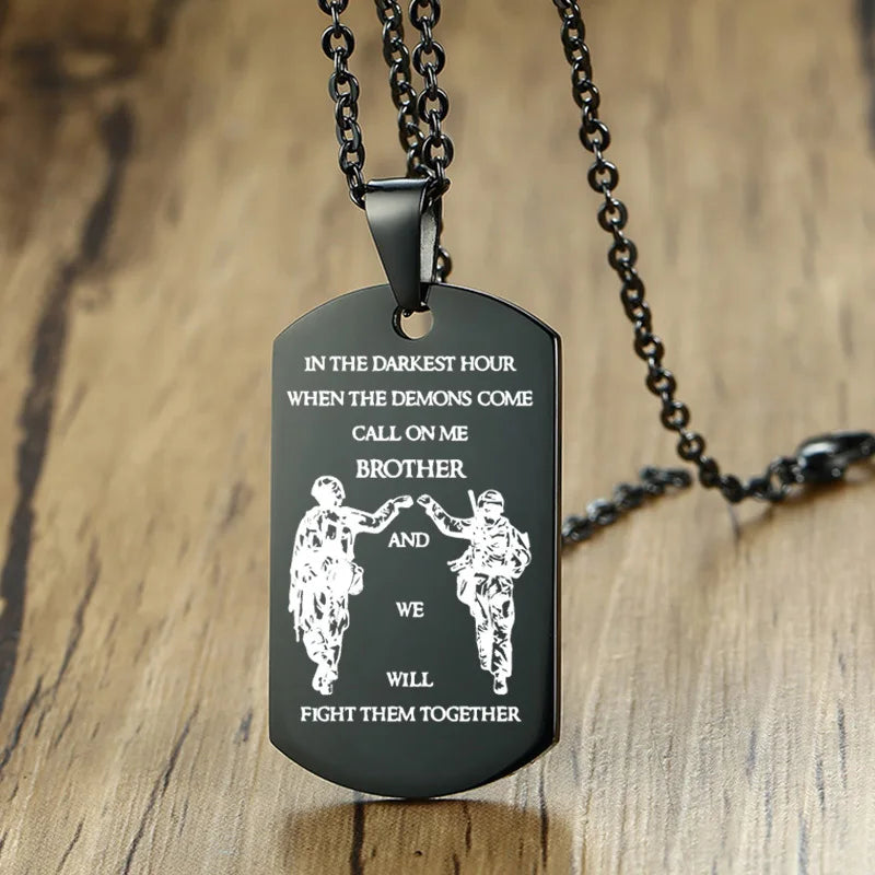 Vnox In the Darkest Hour When Demons Come Brothers Dog Tags for Men Stainless Steel Pendant BFF Necklaces Fraternal Gift