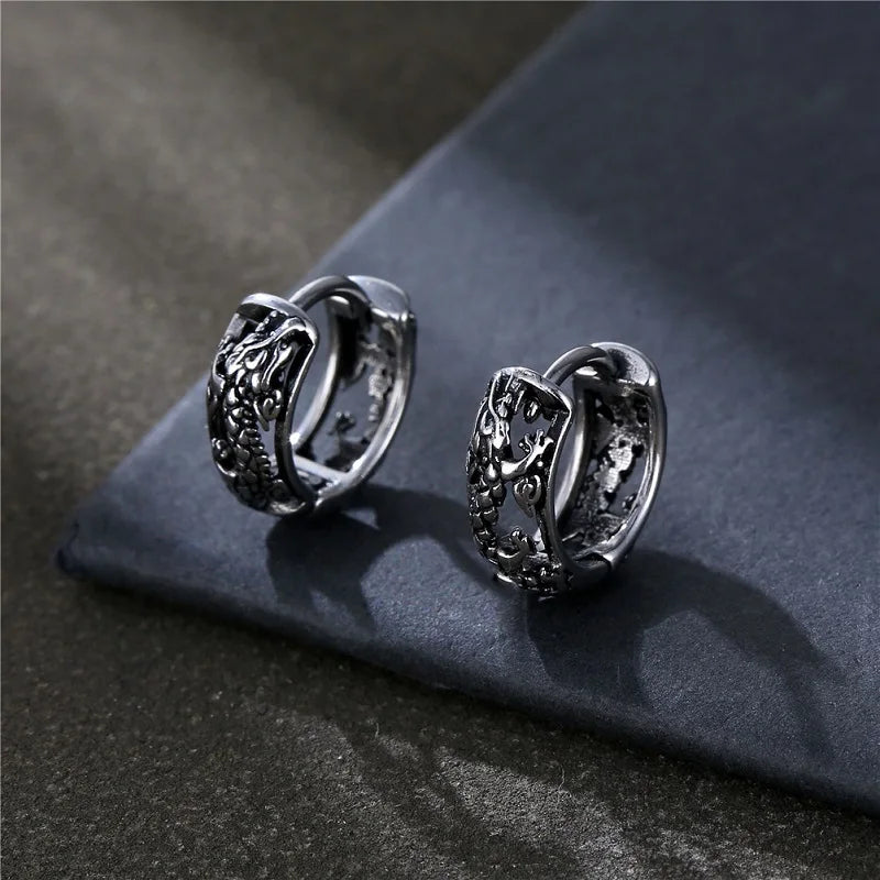 Vintage Hollow Dragon Carved Earrings — Stainless Steel