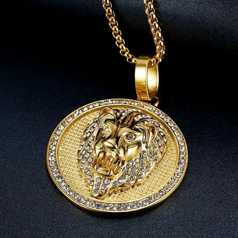 Iced Out Lion Head Round Pendant Necklace