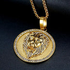 Iced Out Lion Head Round Pendant Necklace