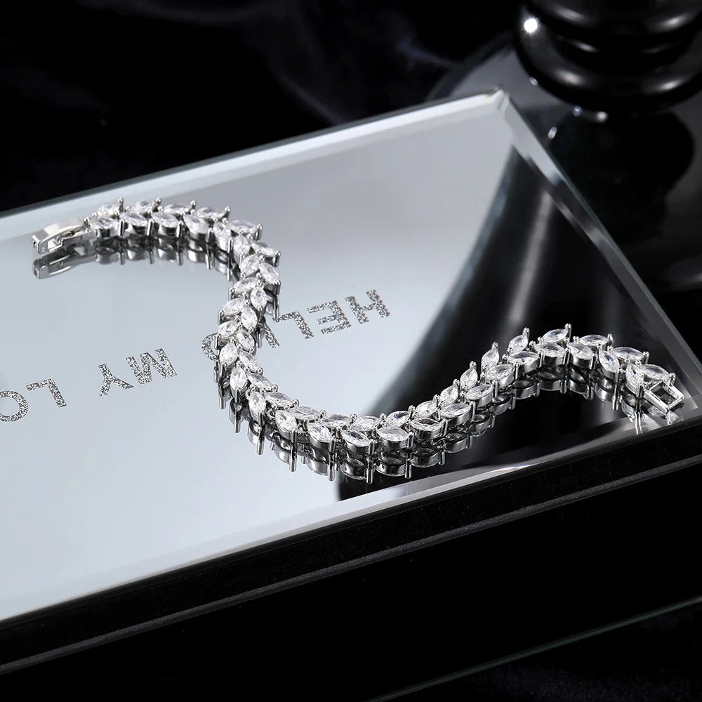 Silver Iced Out Leaf Bracelet Zirconia