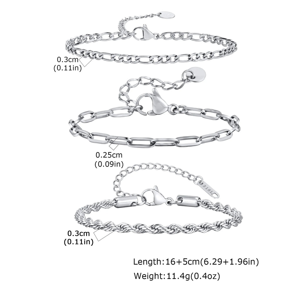 Thin Chain Bracelet Set 3pcs — Silver