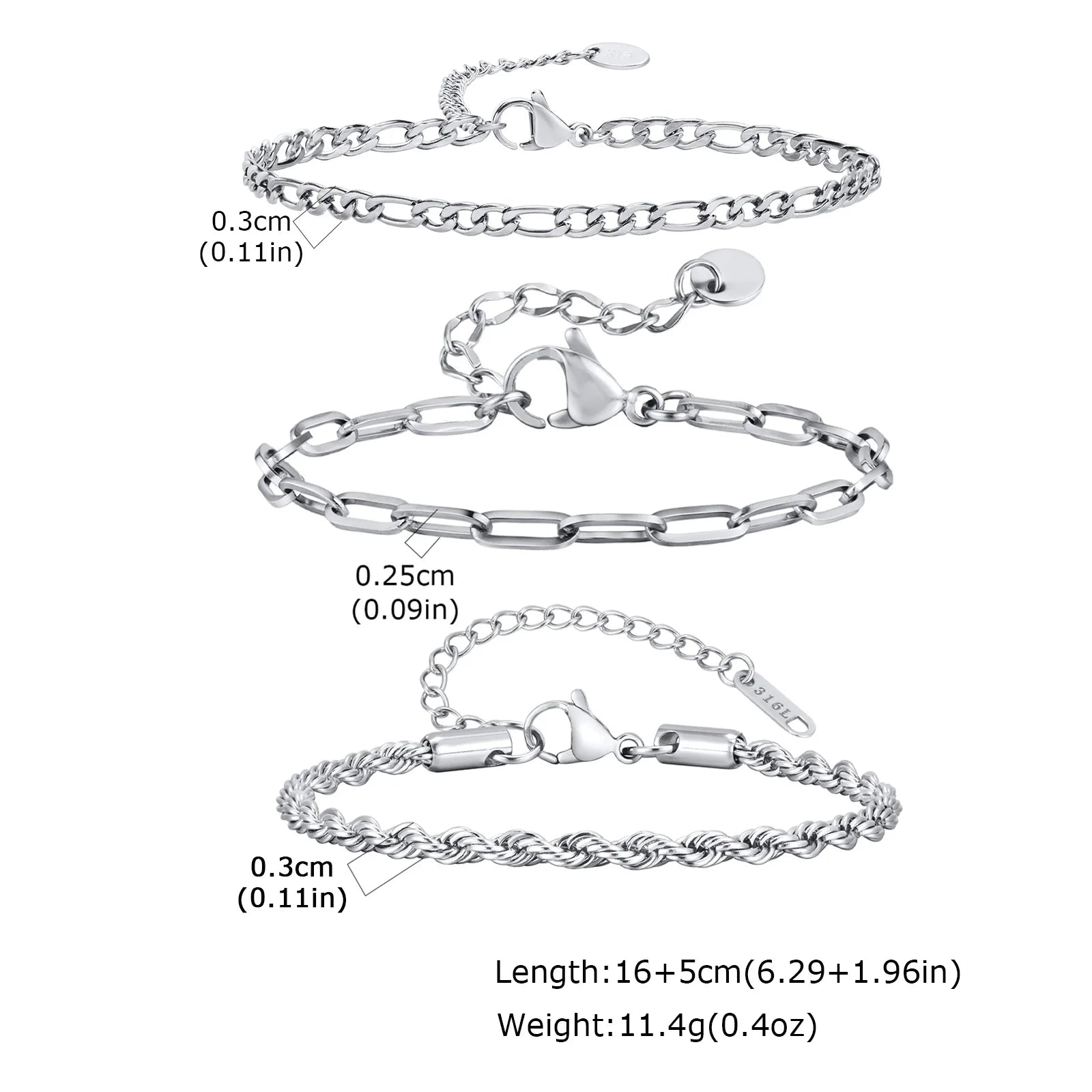 Thin Chain Bracelet Set 3pcs — Silver