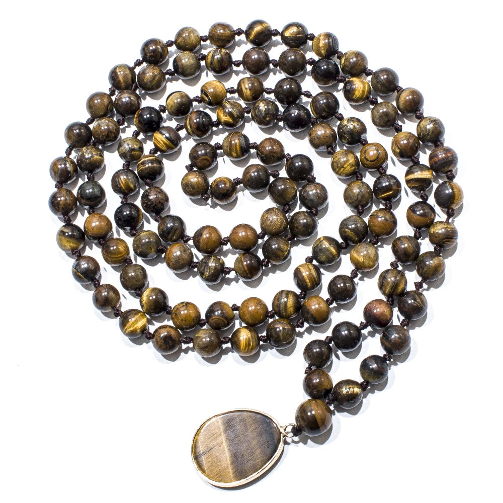 8mm Yellow Tiger Eye Bead Knot 108 Mala Necklace Meditation Yoga Prayer Jewelry with Tiger Eye Pendant for Men and Women