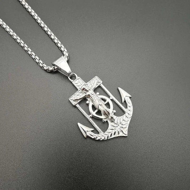 Jesus Christ Religion Necklace New Men's Fashion Titanium Steel Gold-Plated Anchor Cross Pendant Necklace Hip Hop Jewelry