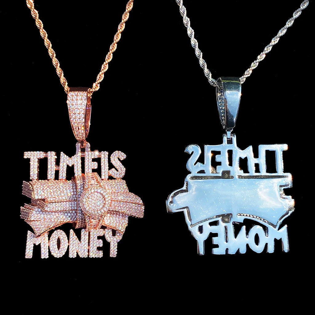 Aokaishen Iced Out Time is Money Necklace Pendant for Men Prong Setting Real Gold Plated Hip Hop Jewelry