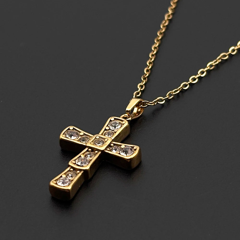 Gold-Tone Jesus Cross Rhinestone Necklace — Stainless Steel