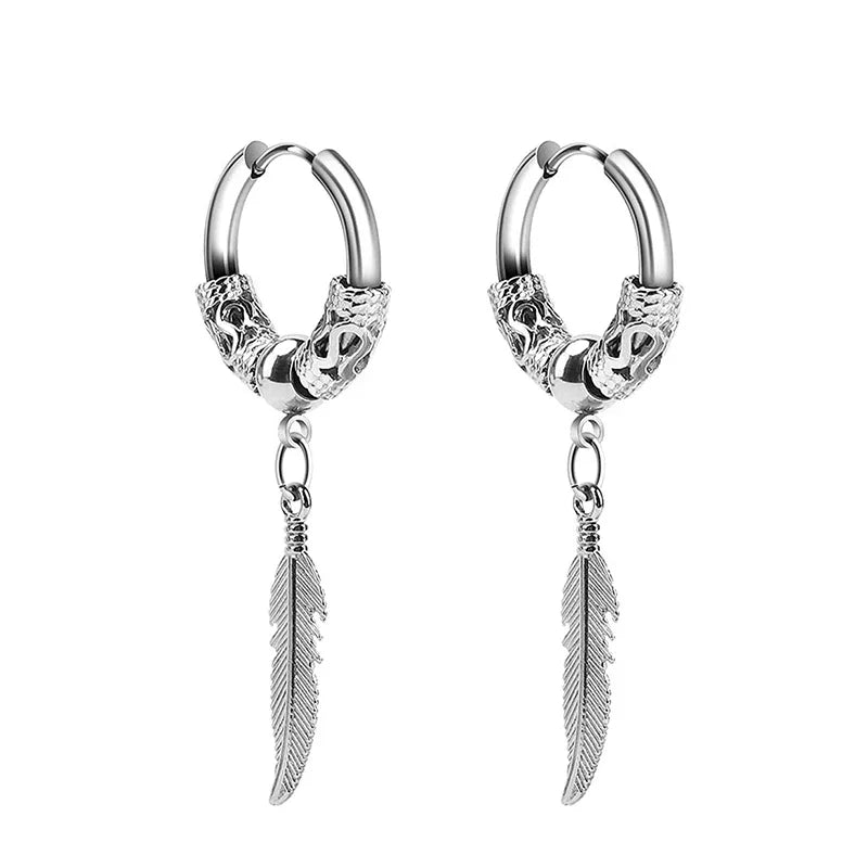 Feather Dangle Huggie Hoop Earrings for Men — Stainless Steel