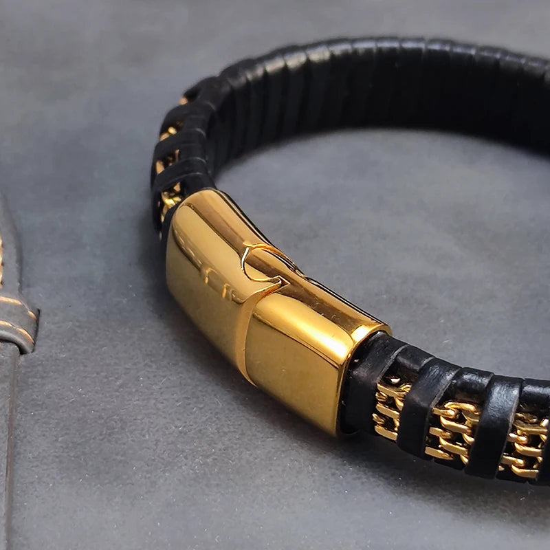 New Fashion 8mm Chain Curb Cuban Link Charm Leather Bracelets Men Stainless Steel Magnet Clasp Hand Bracelet Homme