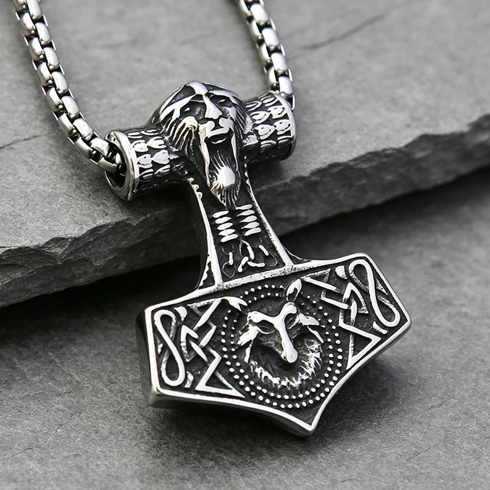 Stainless Steel Vintage Viking Thor's Hammer Wolf Pendant Necklace Norse Punk Amulet Jewelry Men Gift