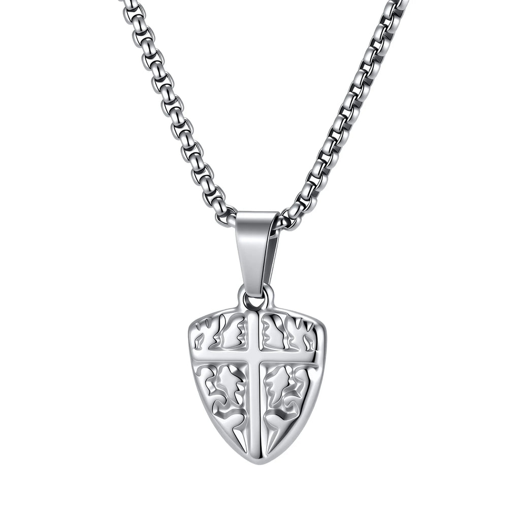 Men's Fashion Cross Shield Pendant Necklace, Waterproof Stainless Steel Punk Necklace with Box Chain, Retro Jewelry