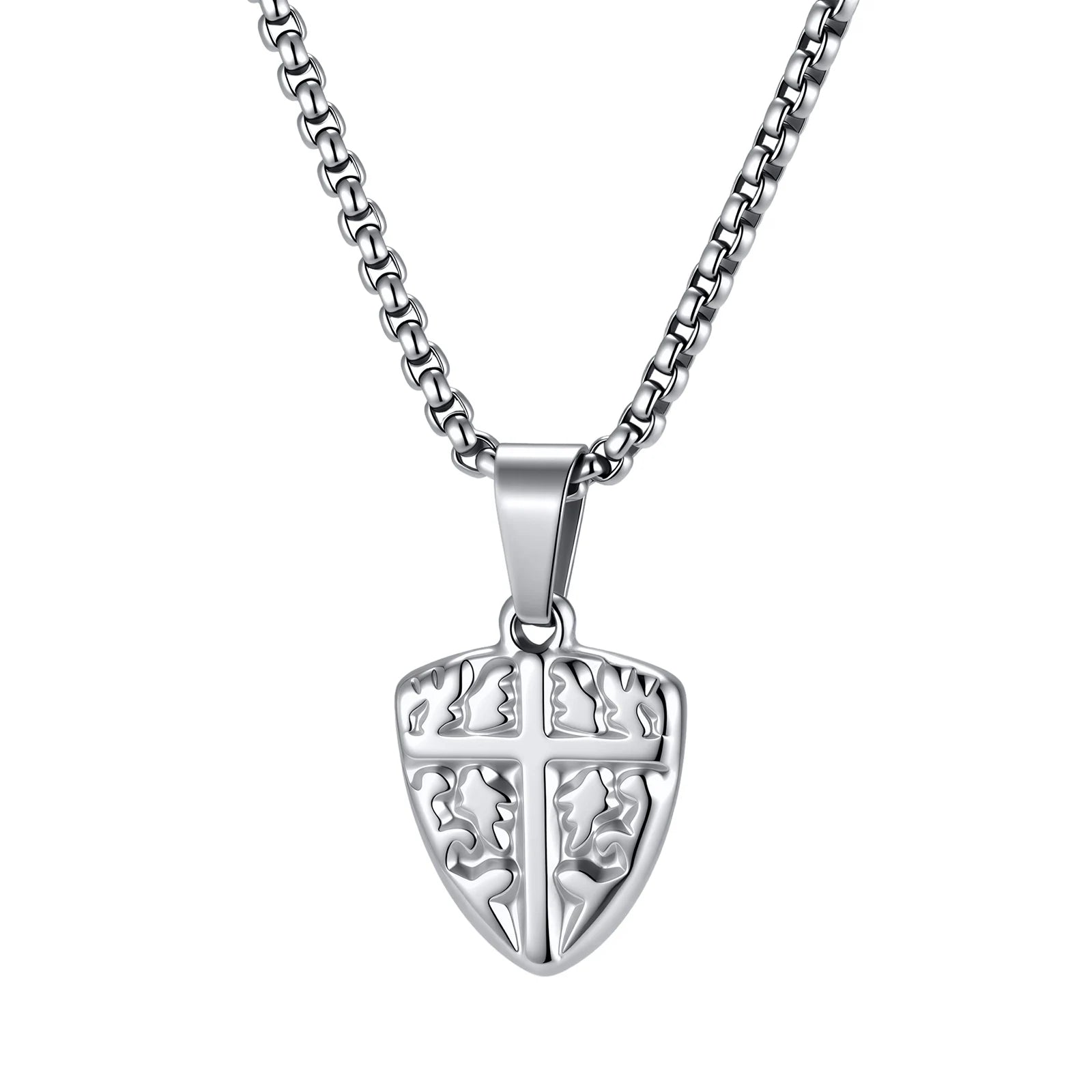 Men's Fashion Cross Shield Pendant Necklace, Waterproof Stainless Steel Punk Necklace with Box Chain, Retro Jewelry
