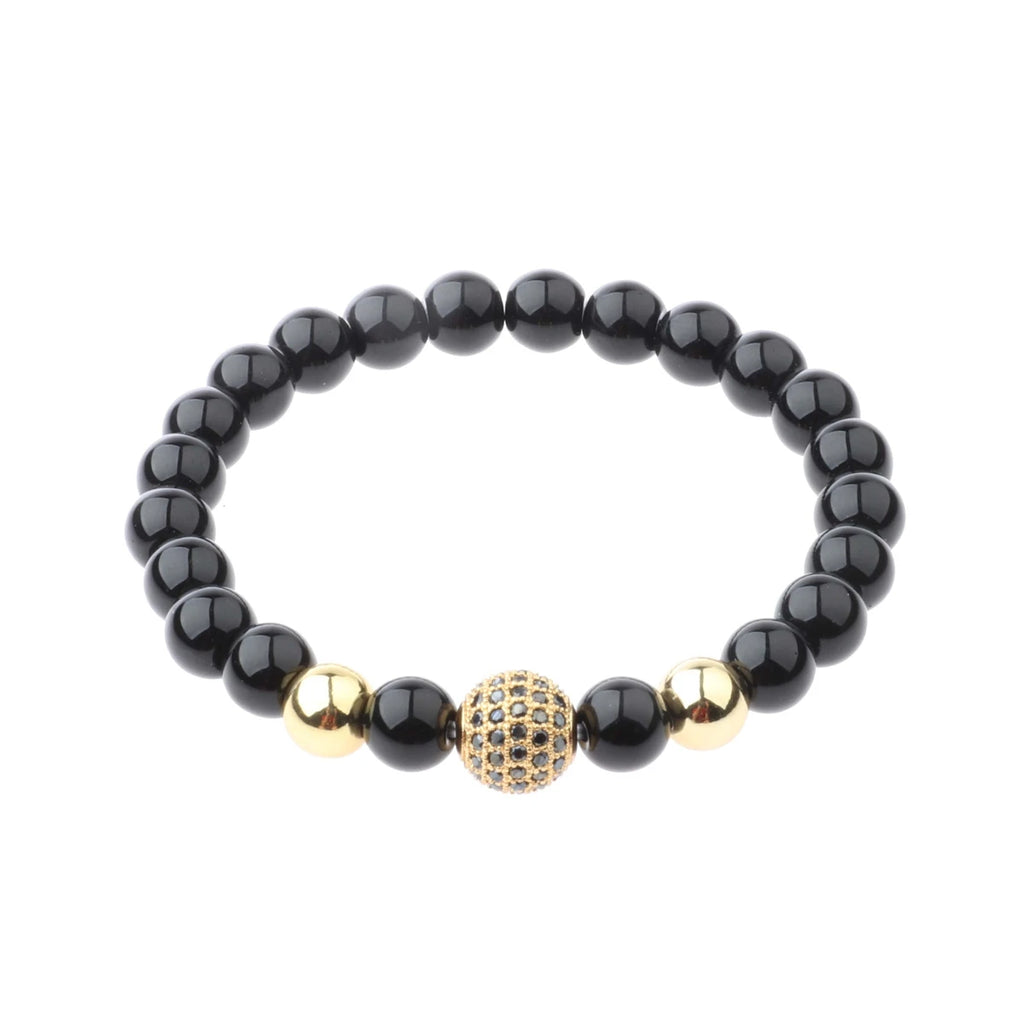 Black CZ Pave Ball Beaded Bracelet for Men — Adjustable Weave