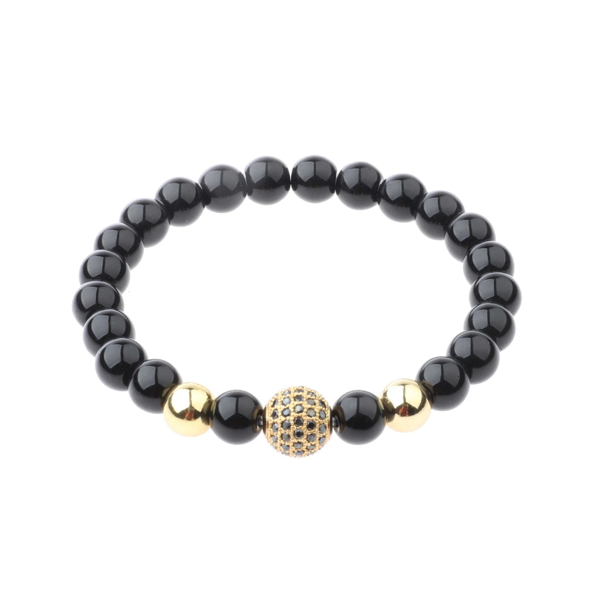 Black CZ Pave Ball Beaded Bracelet for Men — Adjustable Weave