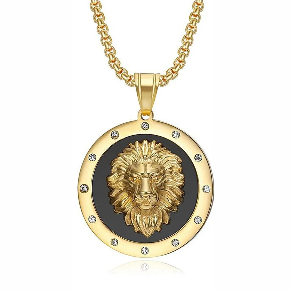 Iced Out Lion Head Round Pendant — Gold