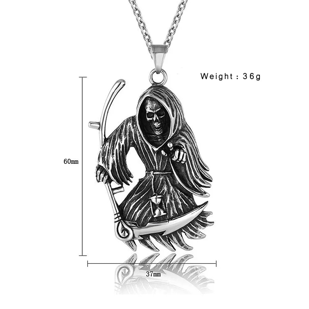 Gothic Stainless Steel Death Scythe Skull Necklace Pendant Punk Biker Men Grim Reaper Pendant Fashionable Men's Chain