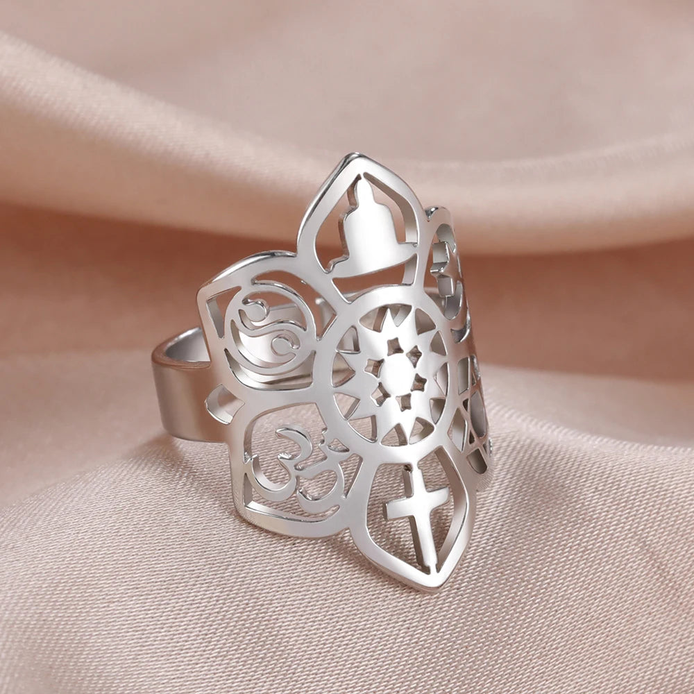 Dawapara Pentagram Adjustable Ring for Men Women Triquetra Cross Star OM Symbol Religious Gift Stainless Steel Jewelry