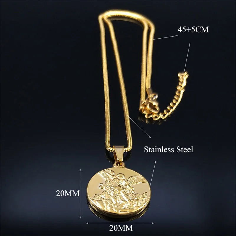 SAINT MICHAEL PROTECT US Archangel Stainless Steel Necklaces Chain Men/Women Gold Color Choker Necklace Jewelry joyas
