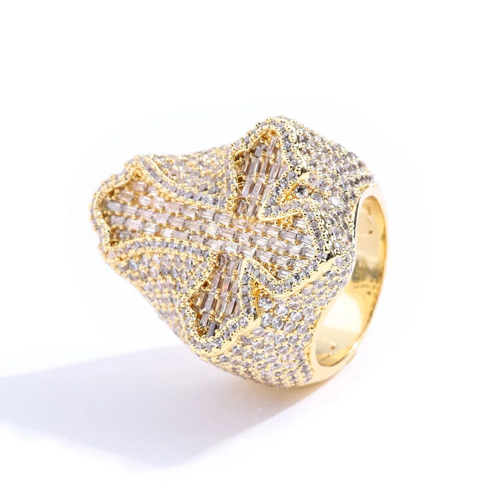 Iced Out Round & T-Shaped Cuban Cross Ring — Copper Alloy