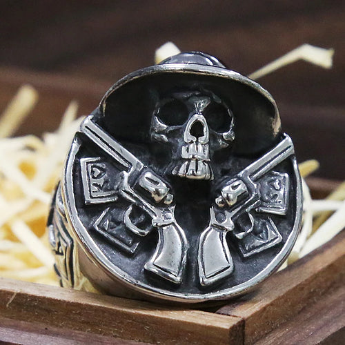 Cowboy Double Gun Skull Ring — Stainless Steel