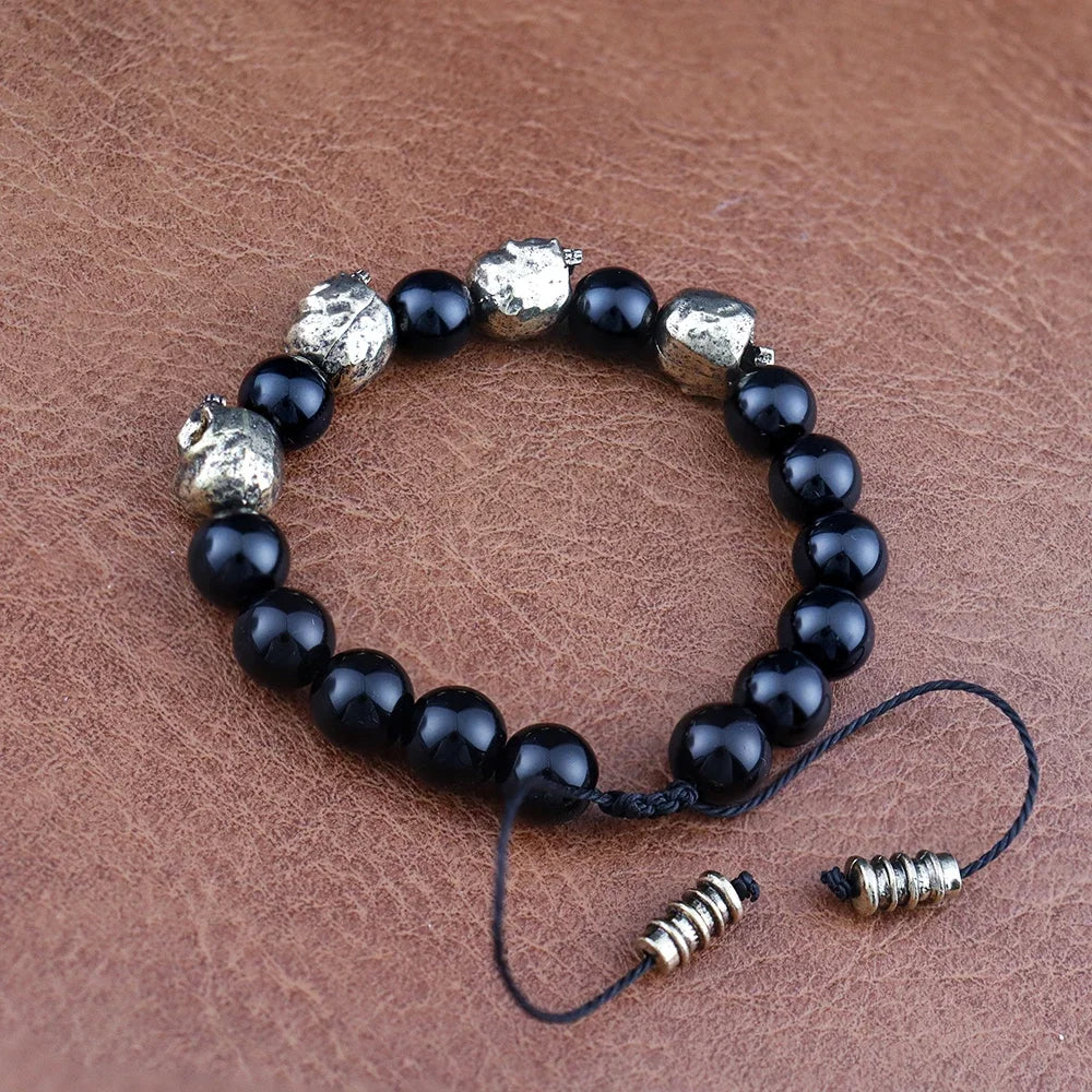Trendy Agate Skull Bracelet Men's Vintage Adjustable Tiger's eye Bracelets Male Punk Hip Hop Charm Jewelry