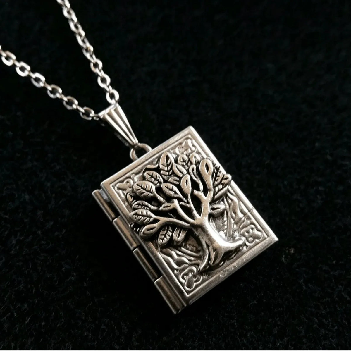 Vintage Stainless Steel Tree of Life Embossed Book Shape Open Photo Locket Necklace for Men Women Memorial Keepsake Jewelry Gift
