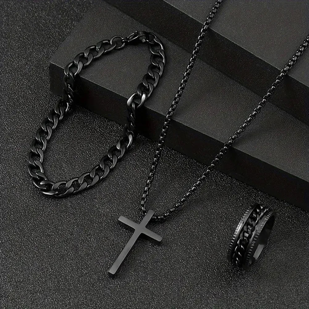 Cross Pendant Necklace Bracelet Ring 3pcs Set — Stainless Steel