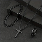 Cross Pendant Necklace Bracelet Ring 3pcs Set — Stainless Steel
