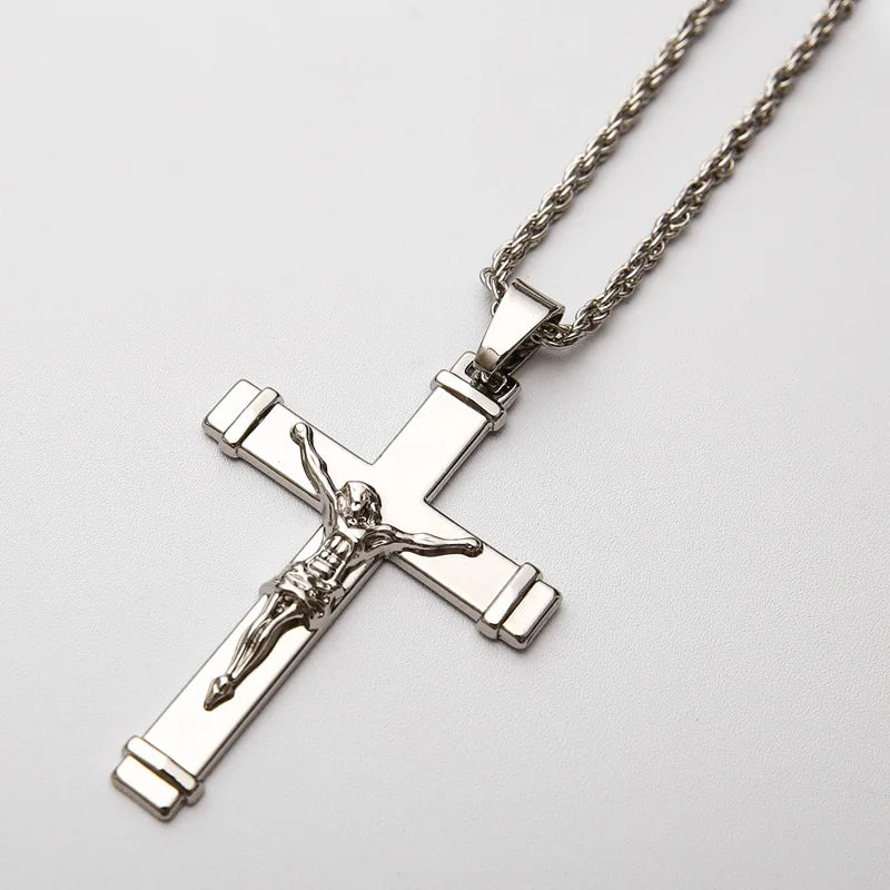 High quality 24K Gold Plated Jesus Christ Cross Pendant Hip hop Rap Golden Crucifixio Cuban Chain Necklace Men Jewelry