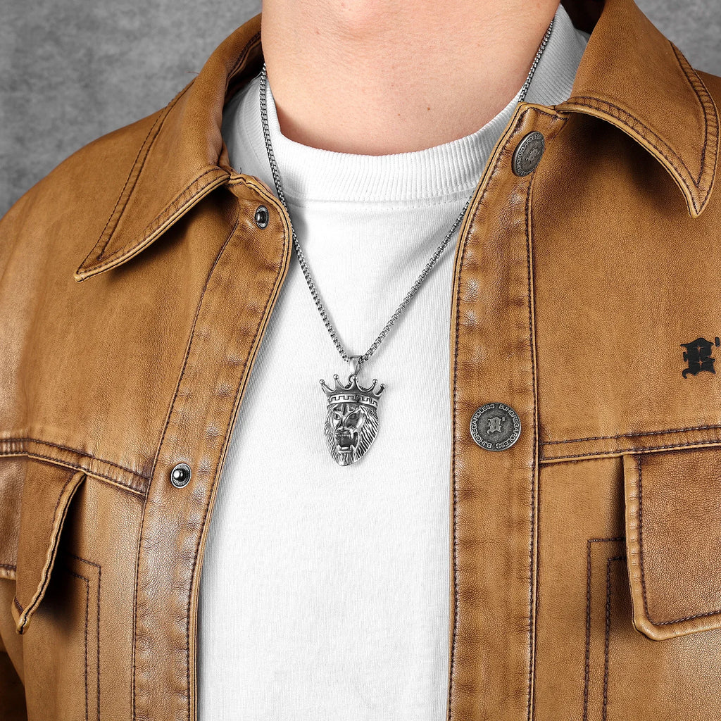 Crown Lion Unique Men Necklace Stainless Steel Pendant Chain Hip Hop Punk Jewelry Biker Male Accessories Gifts Daily