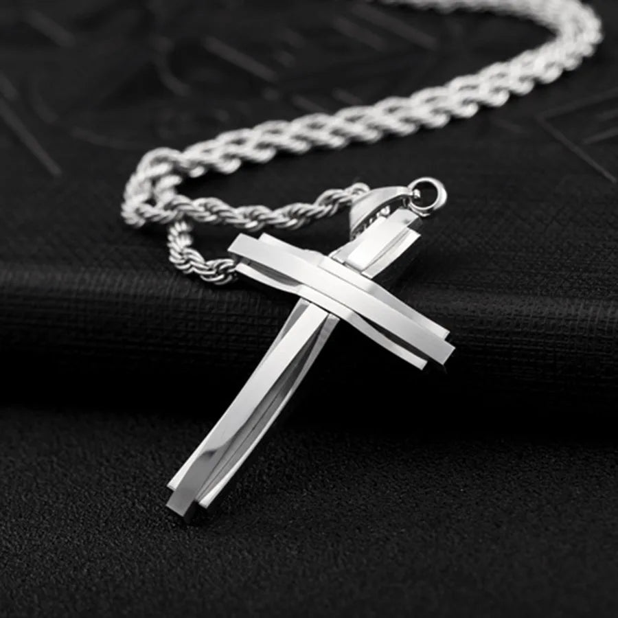 Layered Cross Pendant Necklace 50cm — Stainless Steel