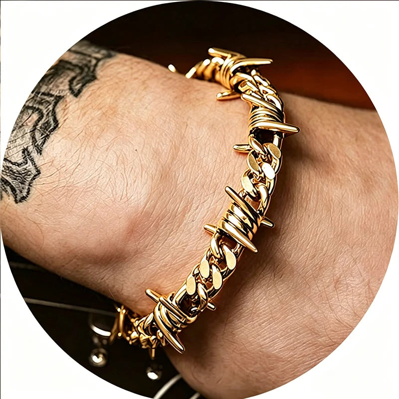 Barbed Wire Cuban Link Bracelet 18K Gold Plated Stainless Steel Gothic Punk Thorns Hand Chain Bracelet for Men Women