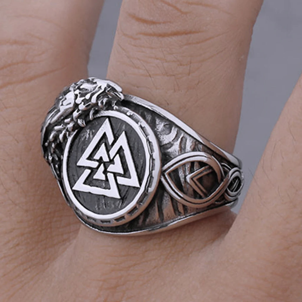 Stainless Steel Viking Valknut Ring Men's Crow Rune Amulet Punk Hip Hop Fashion Handmade Boutique Ring Jewelry Gift
