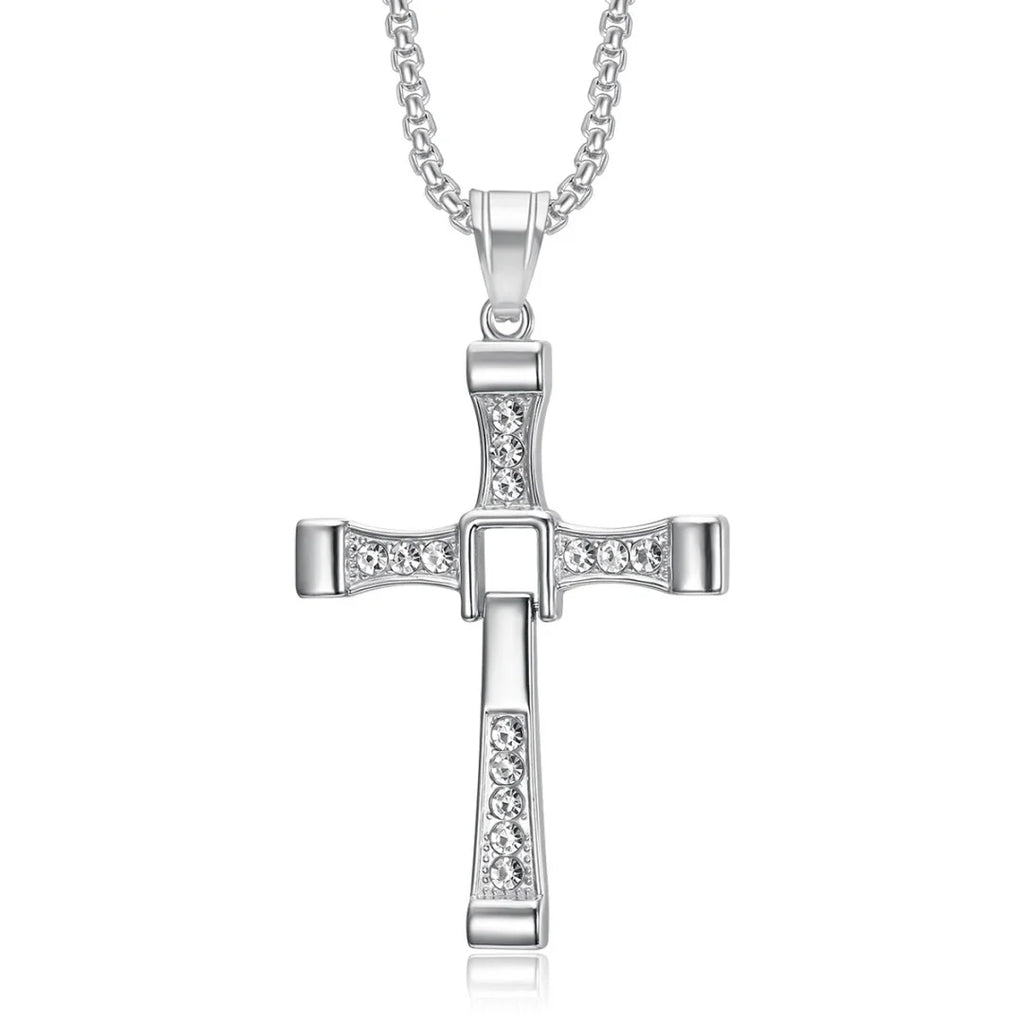 CZ Jesus Cross Pendant Necklace — Stainless Steel
